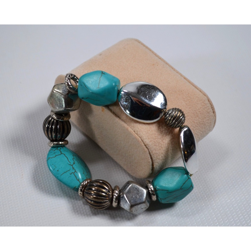 Stretch Bracelet Blue & Silver Faux Stones About 7" w/ Stretch